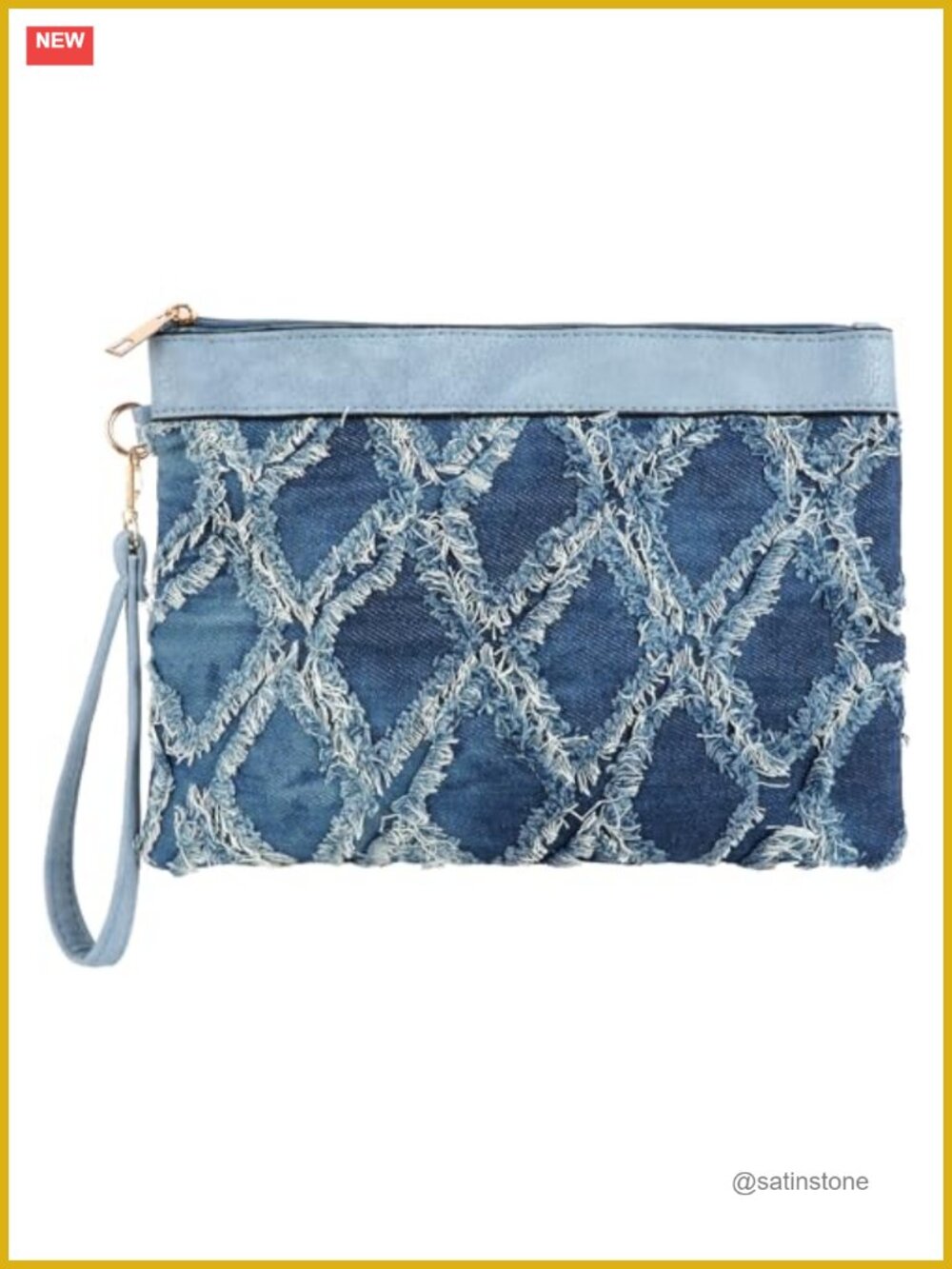 Distressed Denim PU Leather Wristlet Clutch Evening Bag Quilted Rhombus